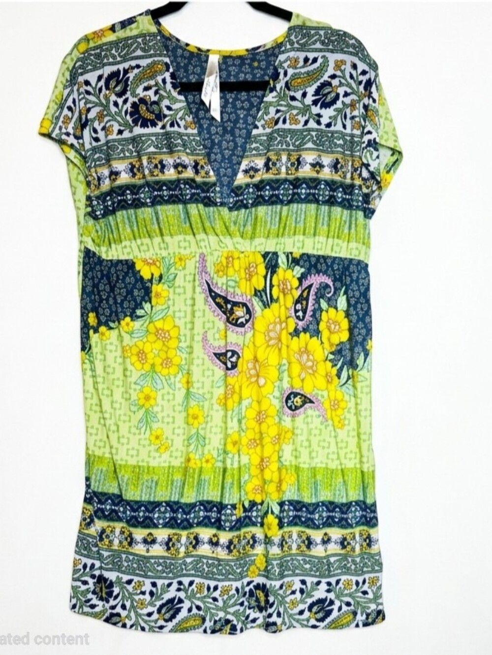 Cristinalove Short Sleeve V-neck Floral Tunic / Dress in Lime, Blues, & Yellow